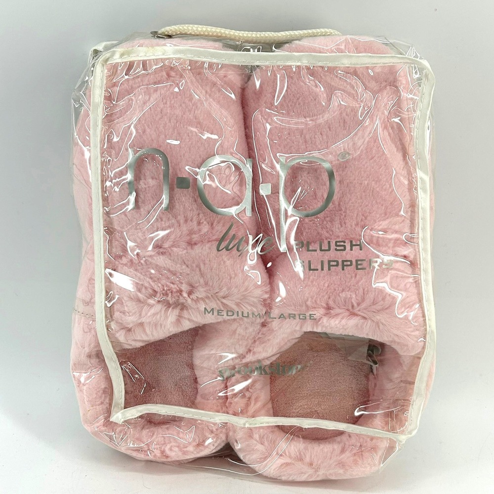 Brookstone Nap Luxe Plush Slippers Pink Faux Fur Slip-on Medium Large 640607